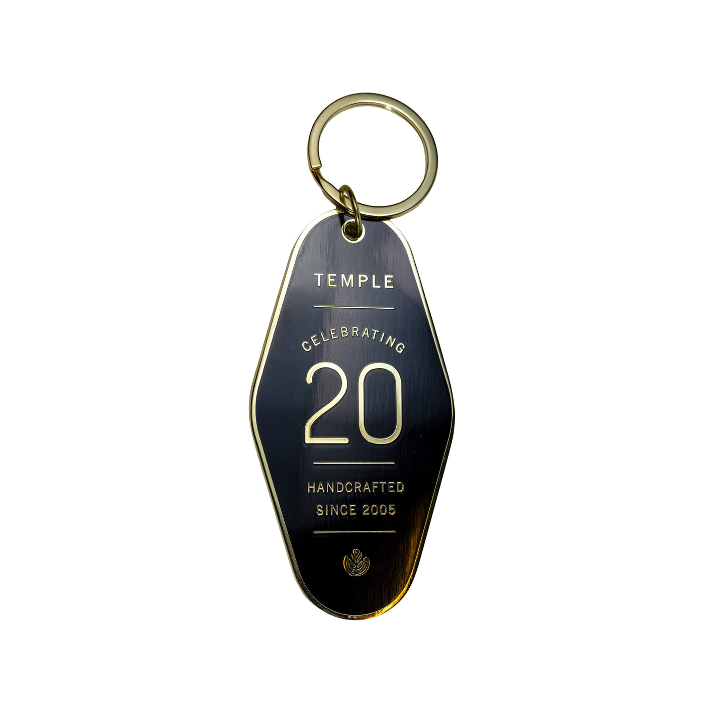 Keychain with 'Temple' branding and 'Celebrating 20 Handcrafted Since 2005' text on a white background