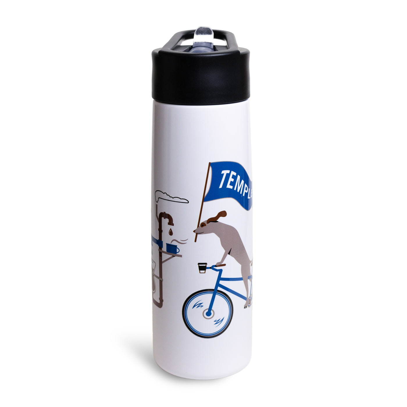 White water bottle with black lid. Featuring a graphic of a dog riding a bike.