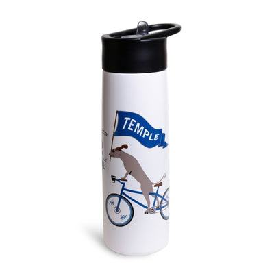 White water bottle with black lid. Featuring a graphic of a dog riding a bike.