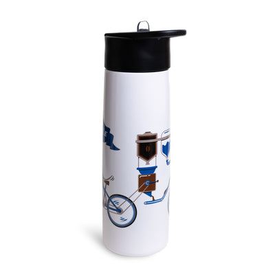 White water bottle with black lid. Featuring a graphic of a dog riding a bike.