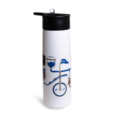 White water bottle with black lid. Featuring a graphic of a dog riding a bike.