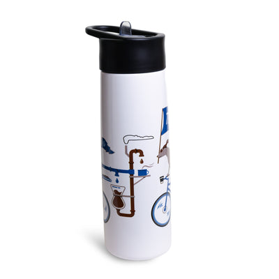 White water bottle with black lid. Featuring a graphic of a dog riding a bike.