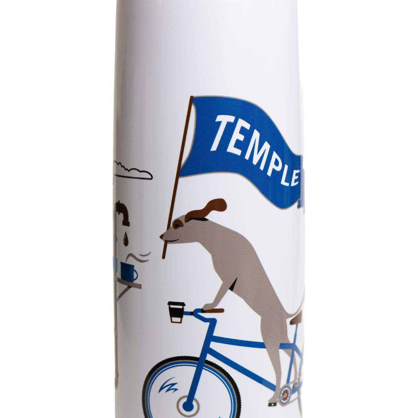 White water bottle with black lid. Featuring a graphic of a dog riding a bike.