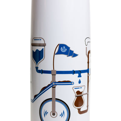 White water bottle with black lid. Featuring a graphic of a dog riding a bike.