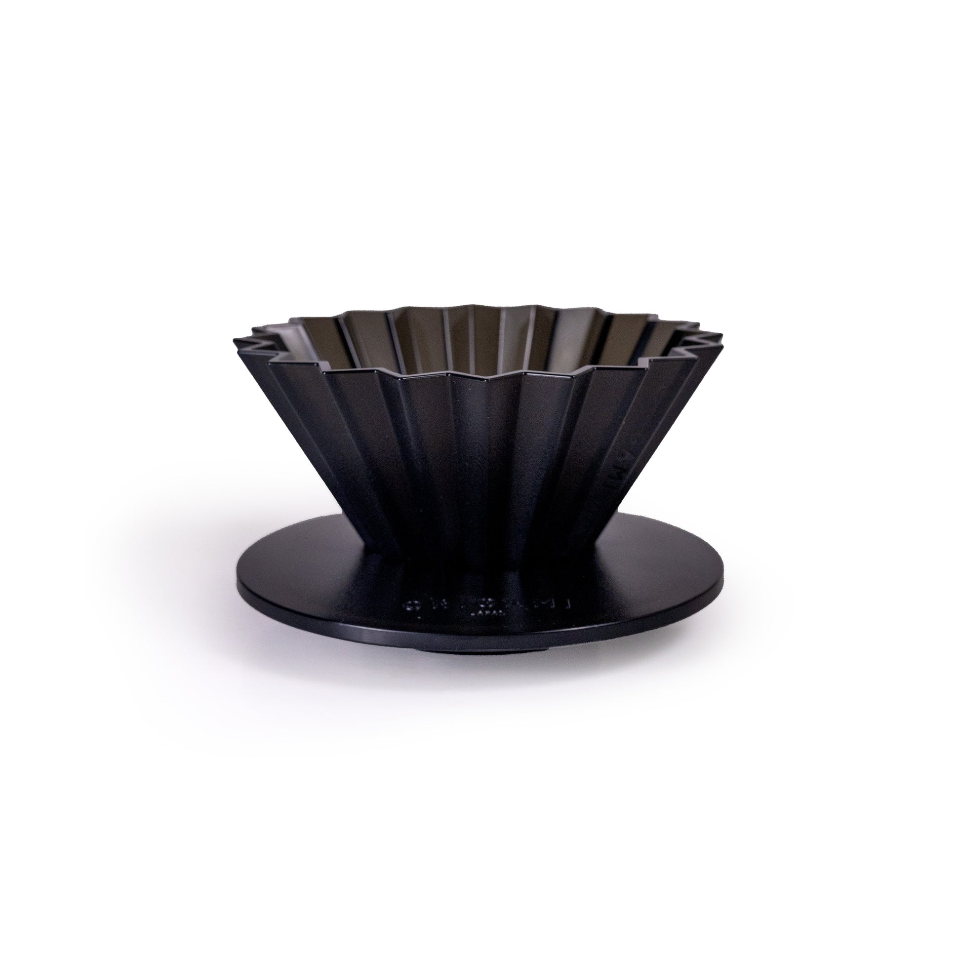 Black fluted pour over dripper on a white background.