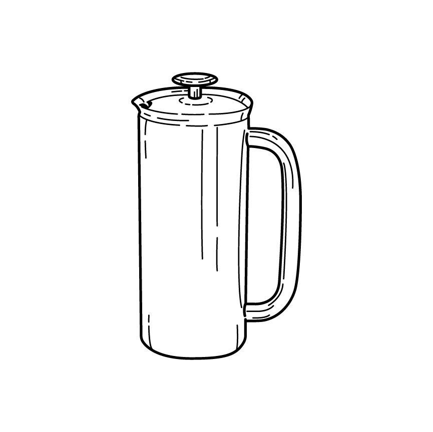 Line drawing of a French press coffee maker on a white background