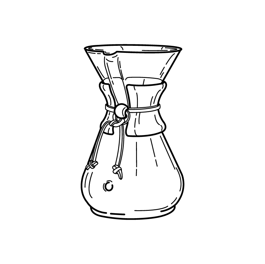Line drawing of a Chemex coffee maker on a white background