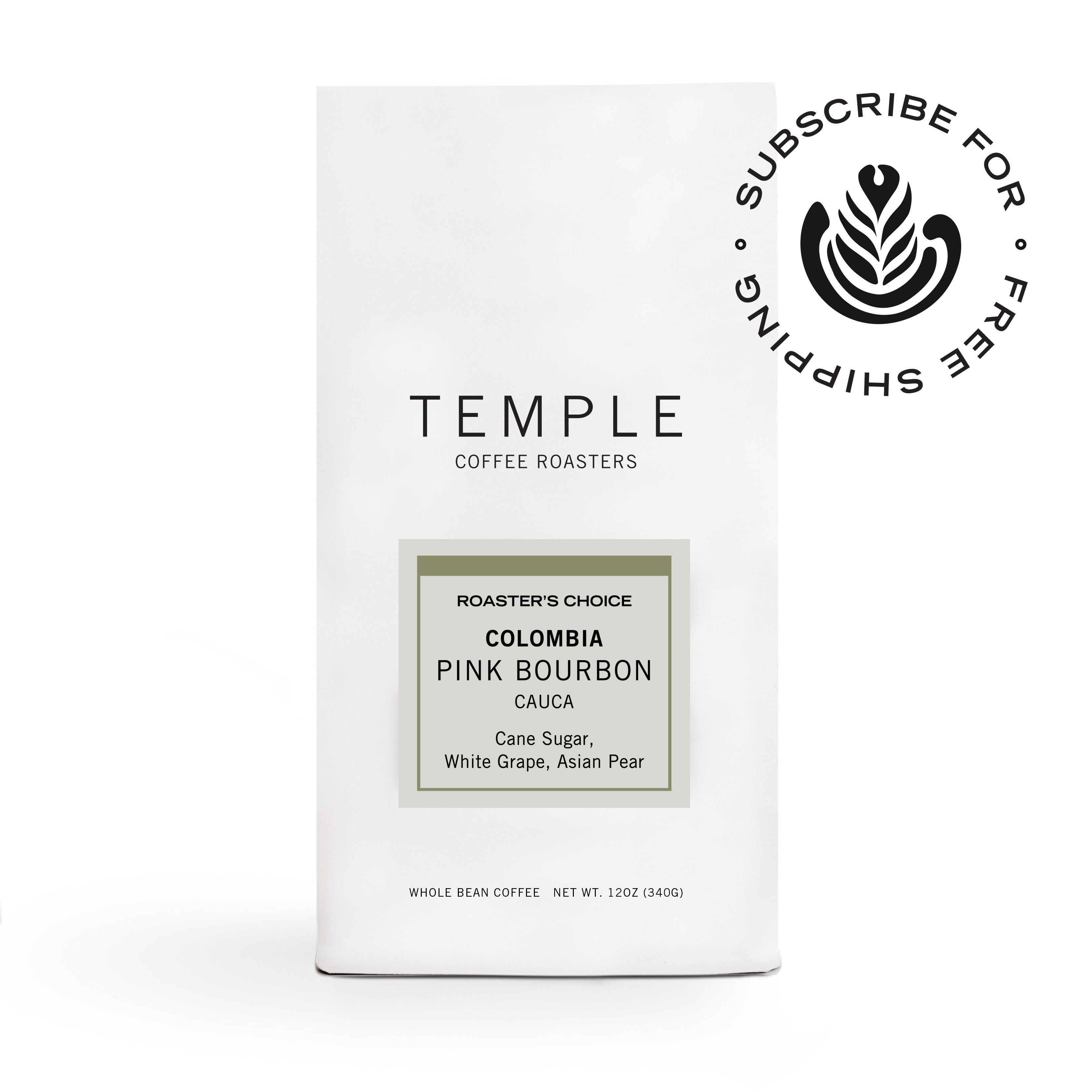 Bag of Colombia Pink Bourbon coffee with subscribe and ship free emblem. 