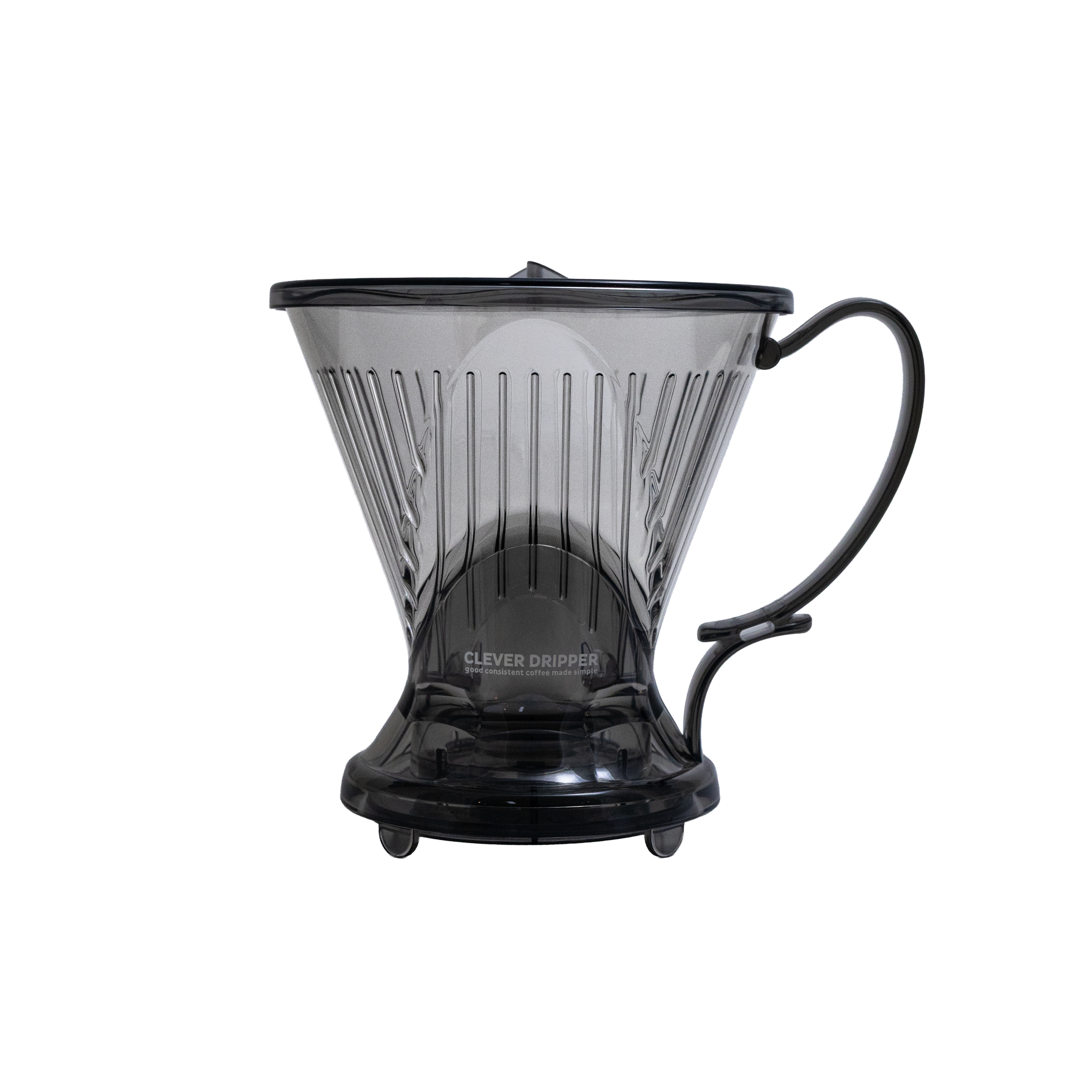 Clear coffee dripper with black base on a white background