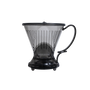 Clear coffee dripper with black base on a white background