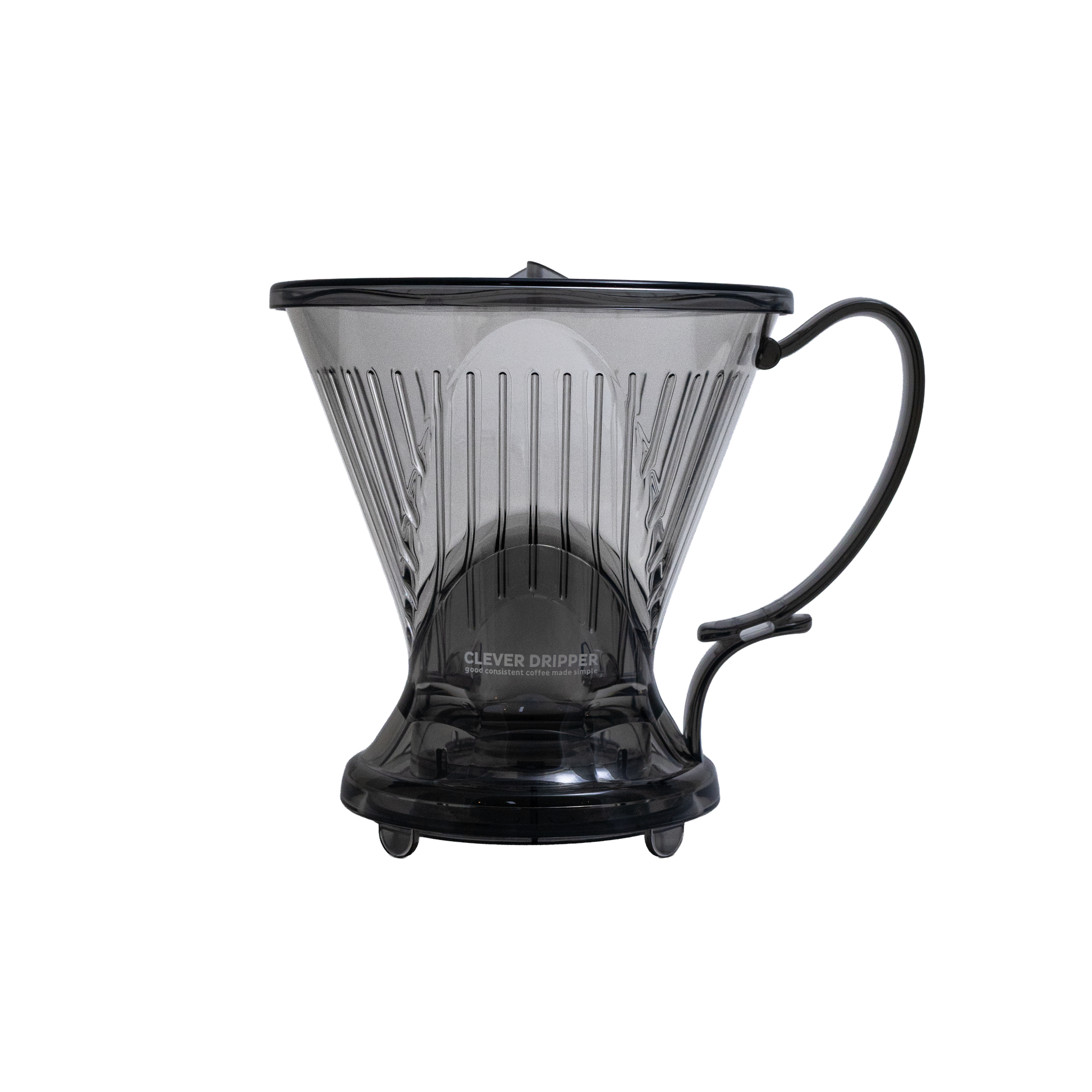 Clear coffee dripper with black base on a white background