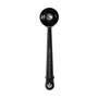A black metal coffee scoop with a long handle, featuring the text 'TEMPLE COFFEE ROASTERS' and their logo printed on the handle, set against a plain white background.