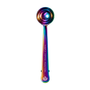 An iridescent rainbow-coated measuring spoon with the text 'TEABURLE COFFEE ROASTERS' printed vertically on the handle, set against a solid white background.