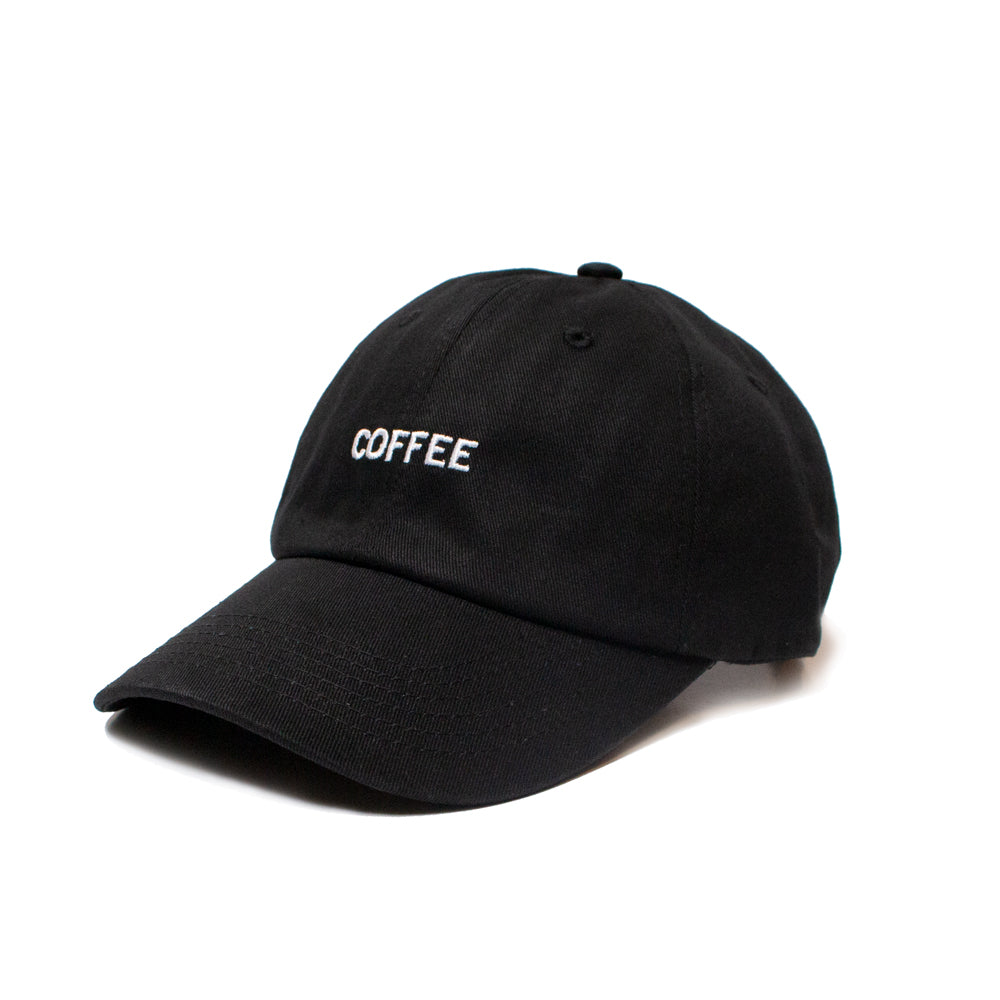 Black "Dad" Style Baseball Cap with the word "COFFEE" embroidered in White.