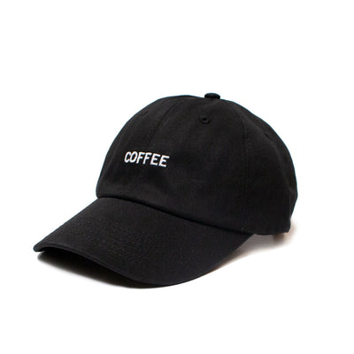 Black hat with "COFFEE" embroidered on front