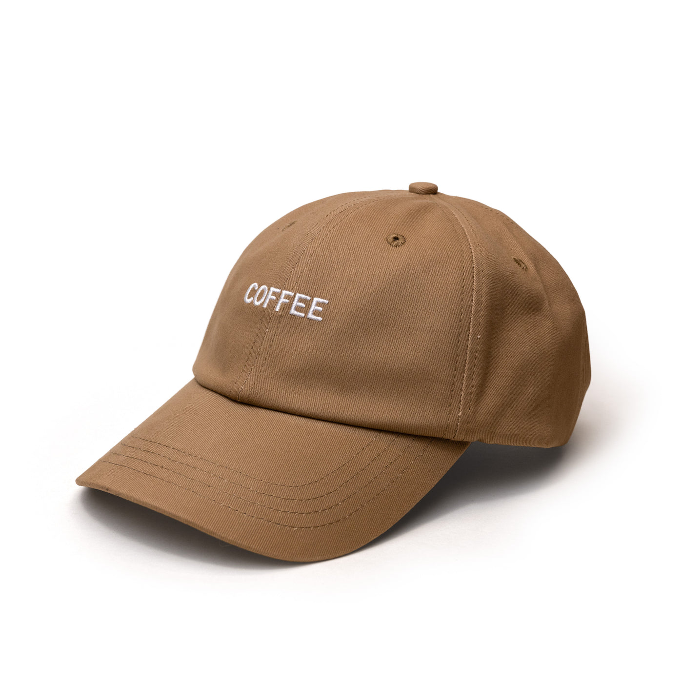 Dune (Light Brown/Beige) colored "Dad" Style Baseball Cap with the word "COFFEE" embroidered in White.