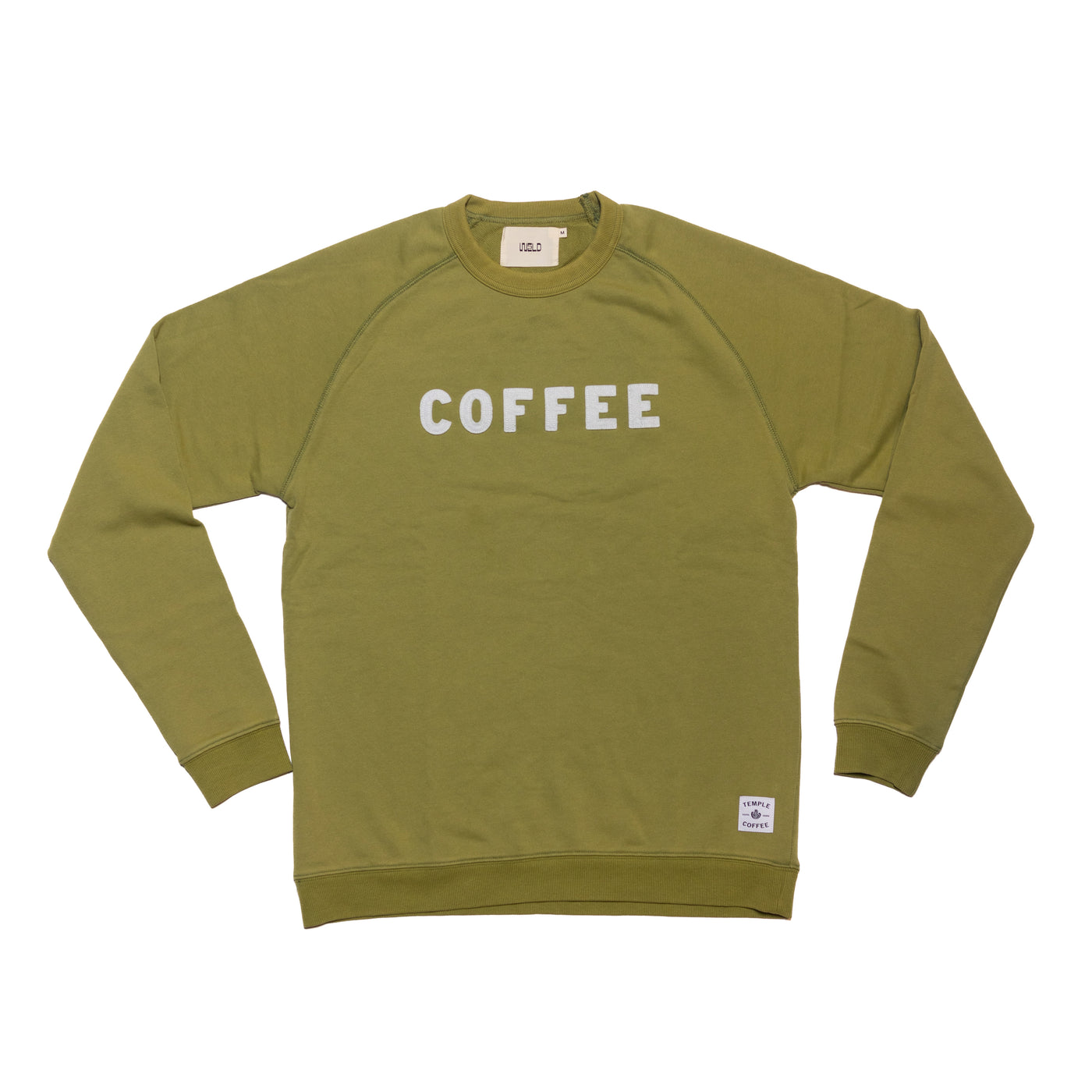 Green Crewneck Sweater with "COFFEE" sewn on and a Temple Coffee patch.