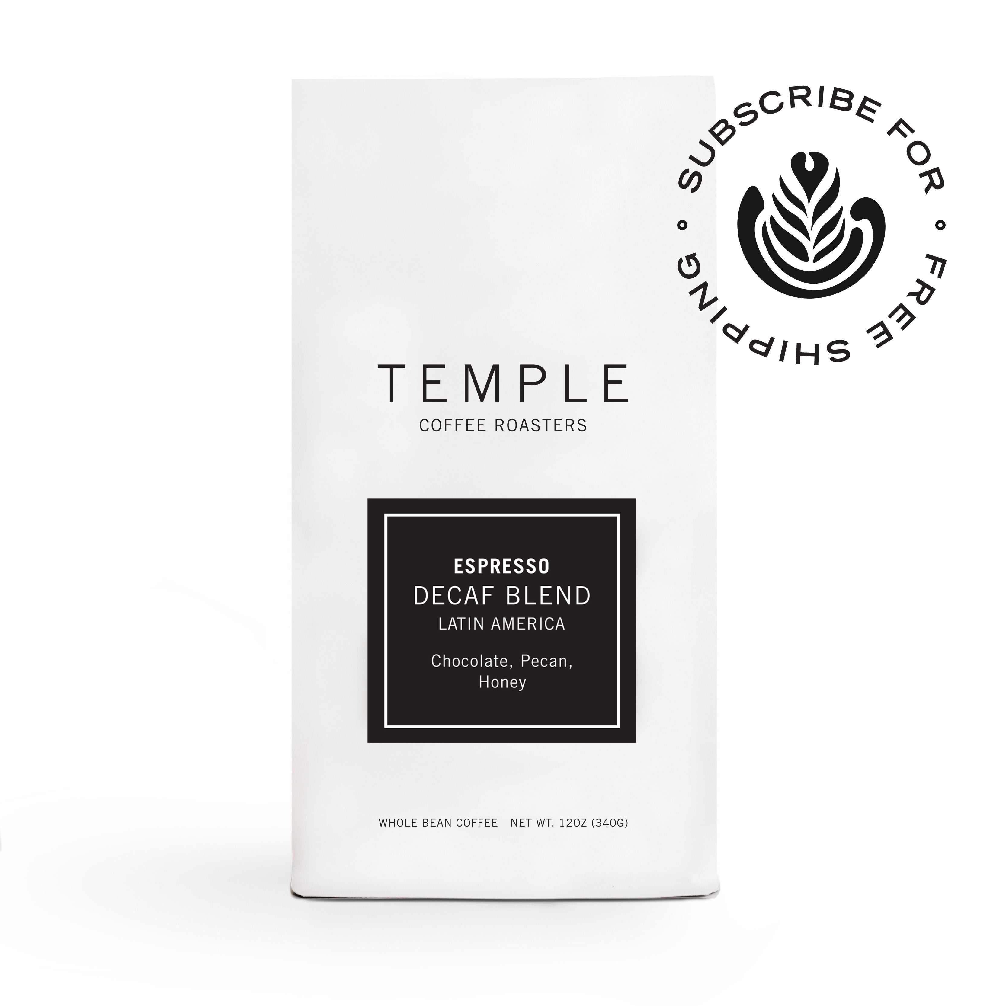 Bag of Decaf Blend coffee with Subscribe and Ship Free emblem