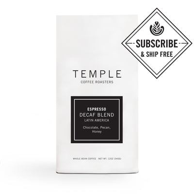Bag of Decaf Blend coffee with Subscribe and Ship Free emblem