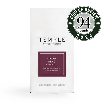 Bag of Ethiopia Reko coffee with 94 points coffee review emblem