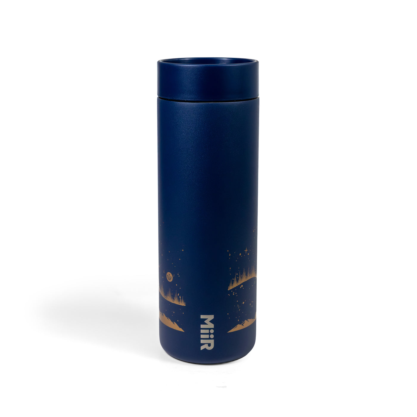 Blue Tumbler with copper mountain designs on a white background