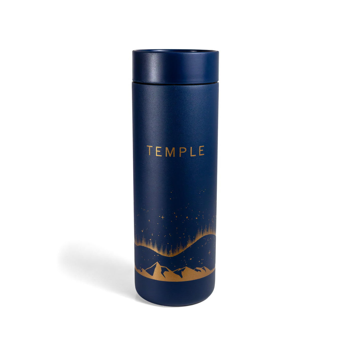 Navy blue tumbler with copper design and 'TEMPLE' branding on a white background