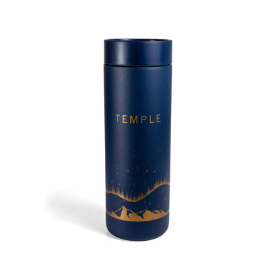 Navy blue tumbler with copper design and 'TEMPLE' branding on a white background