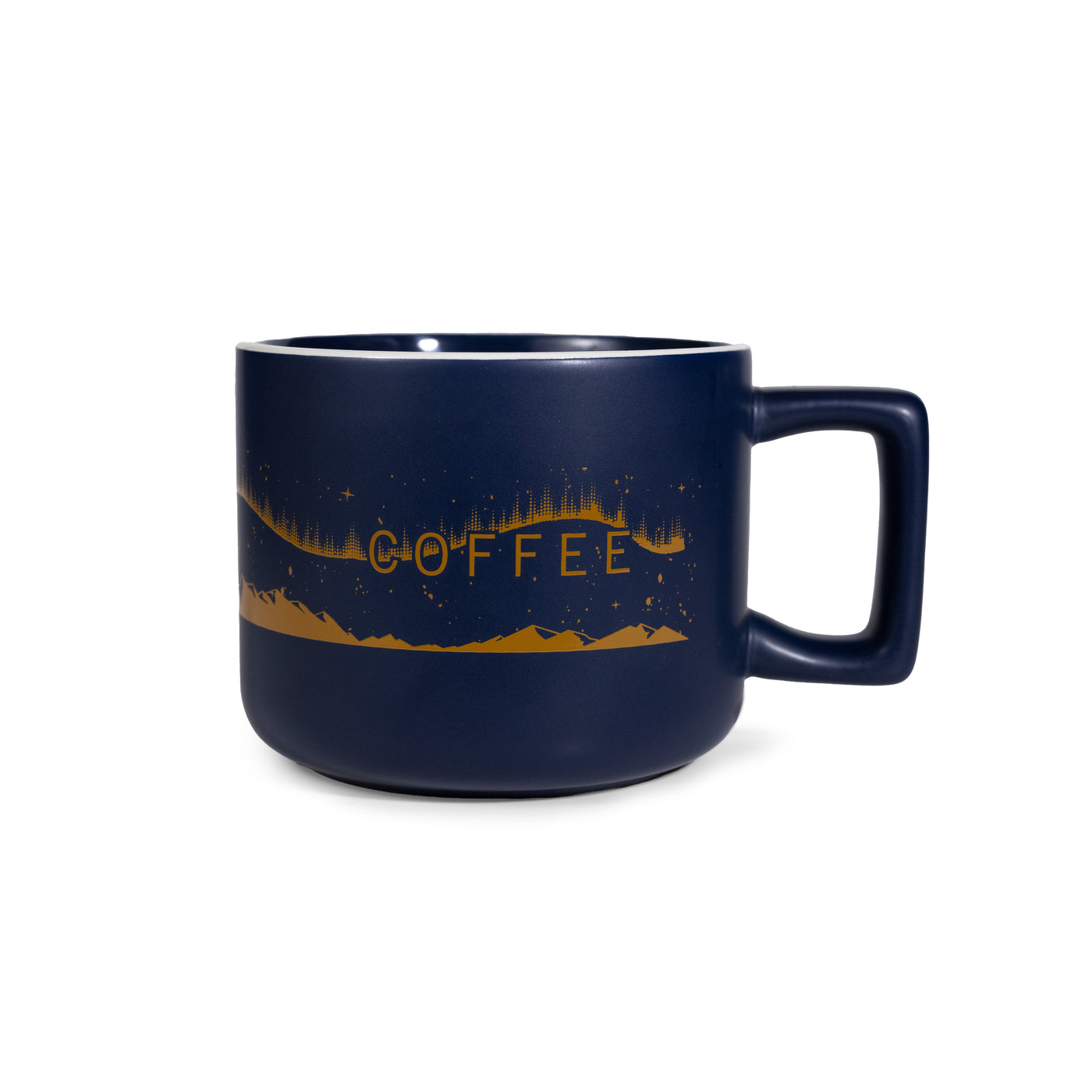Navy blue mug with 'COFFEE' in gold on a white background