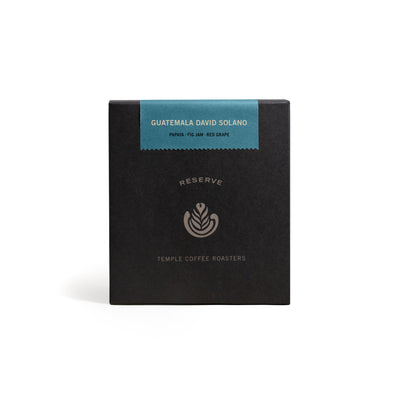 Box with bag of Guatemala David Solano Reserve coffee inside. 