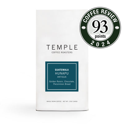 Bag of Guatemala Hunapu coffee with Coffee Review 93 point emblem.