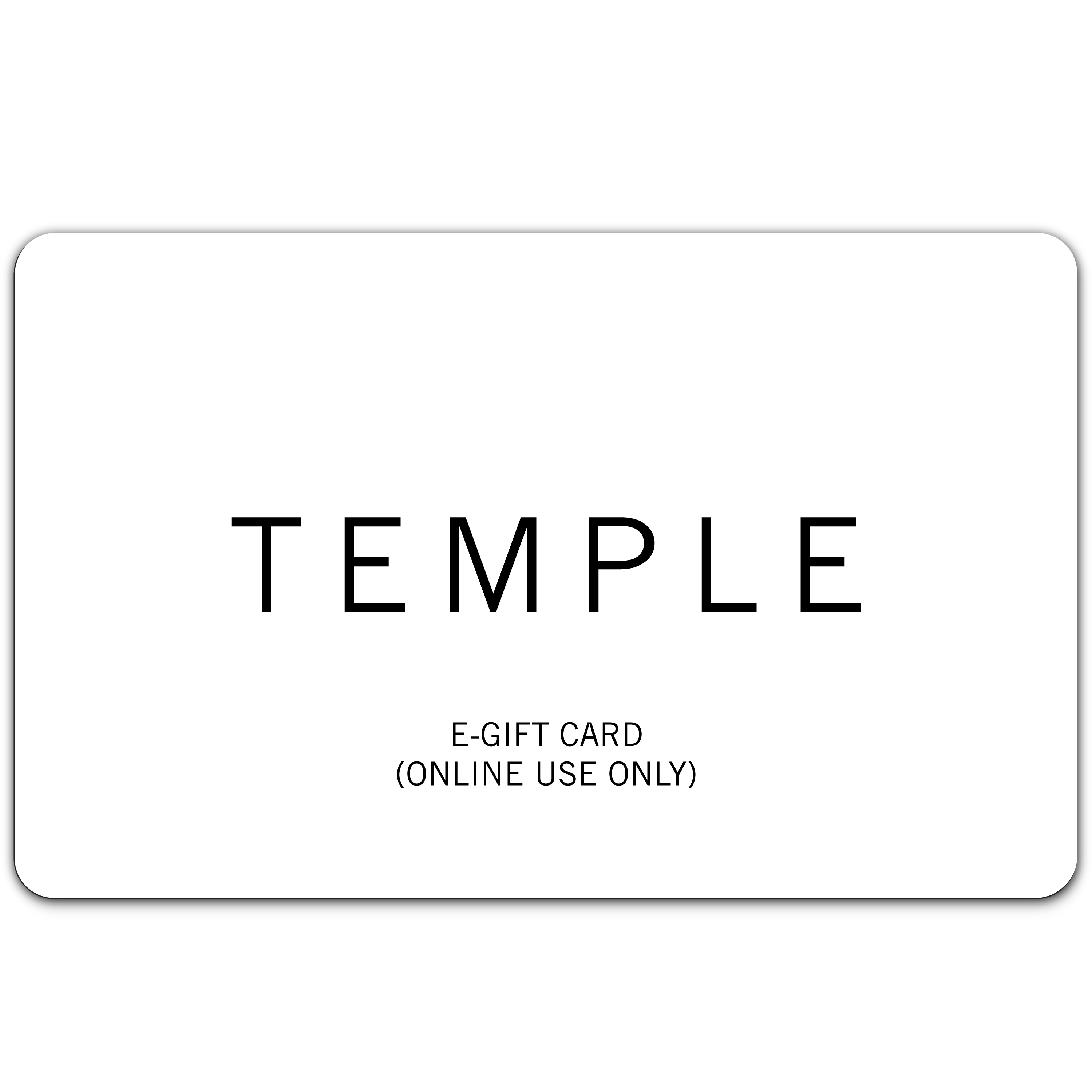 White e-gift card with 'TEMPLE' branding and text on a white background