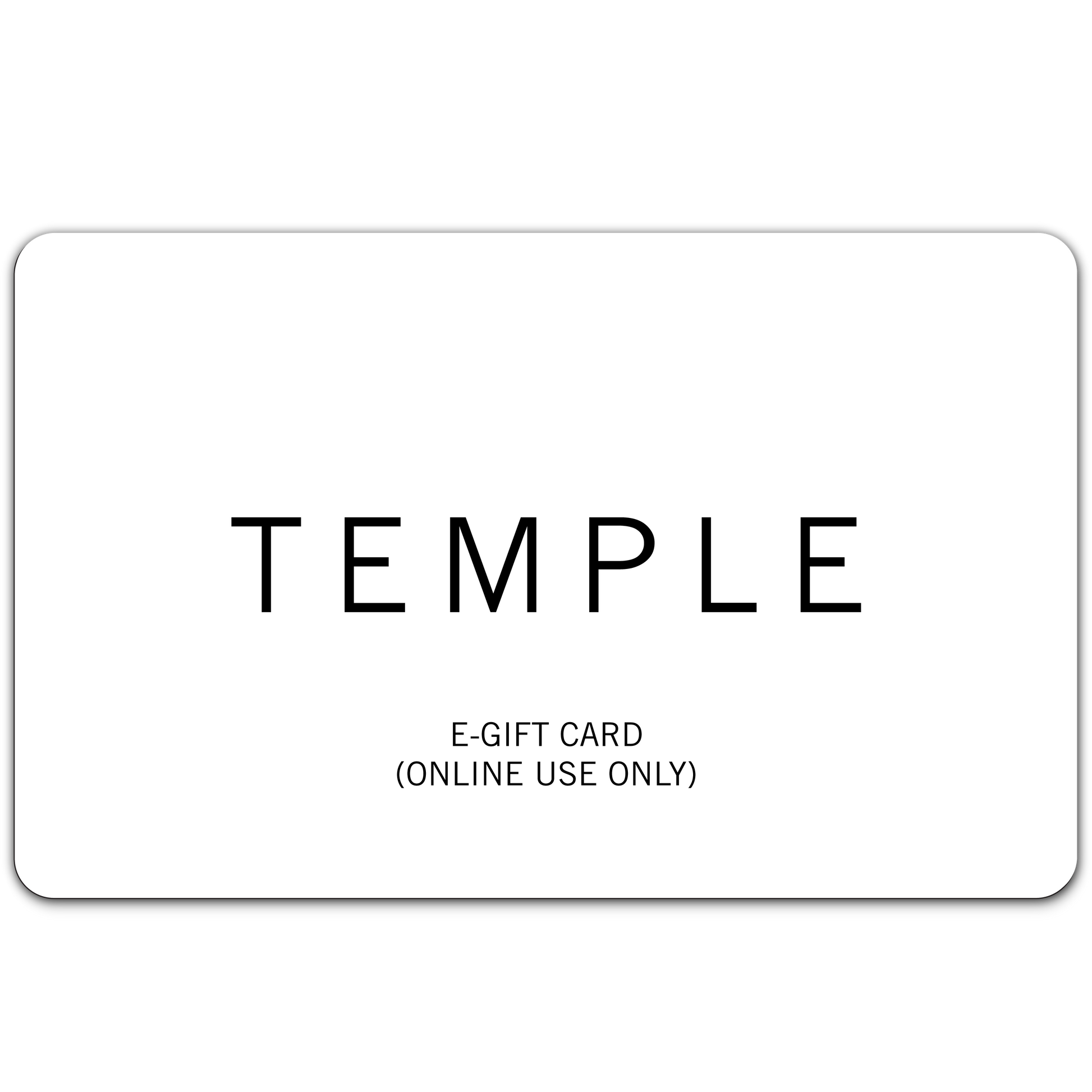White e-gift card with 'TEMPLE' branding and text on a white background