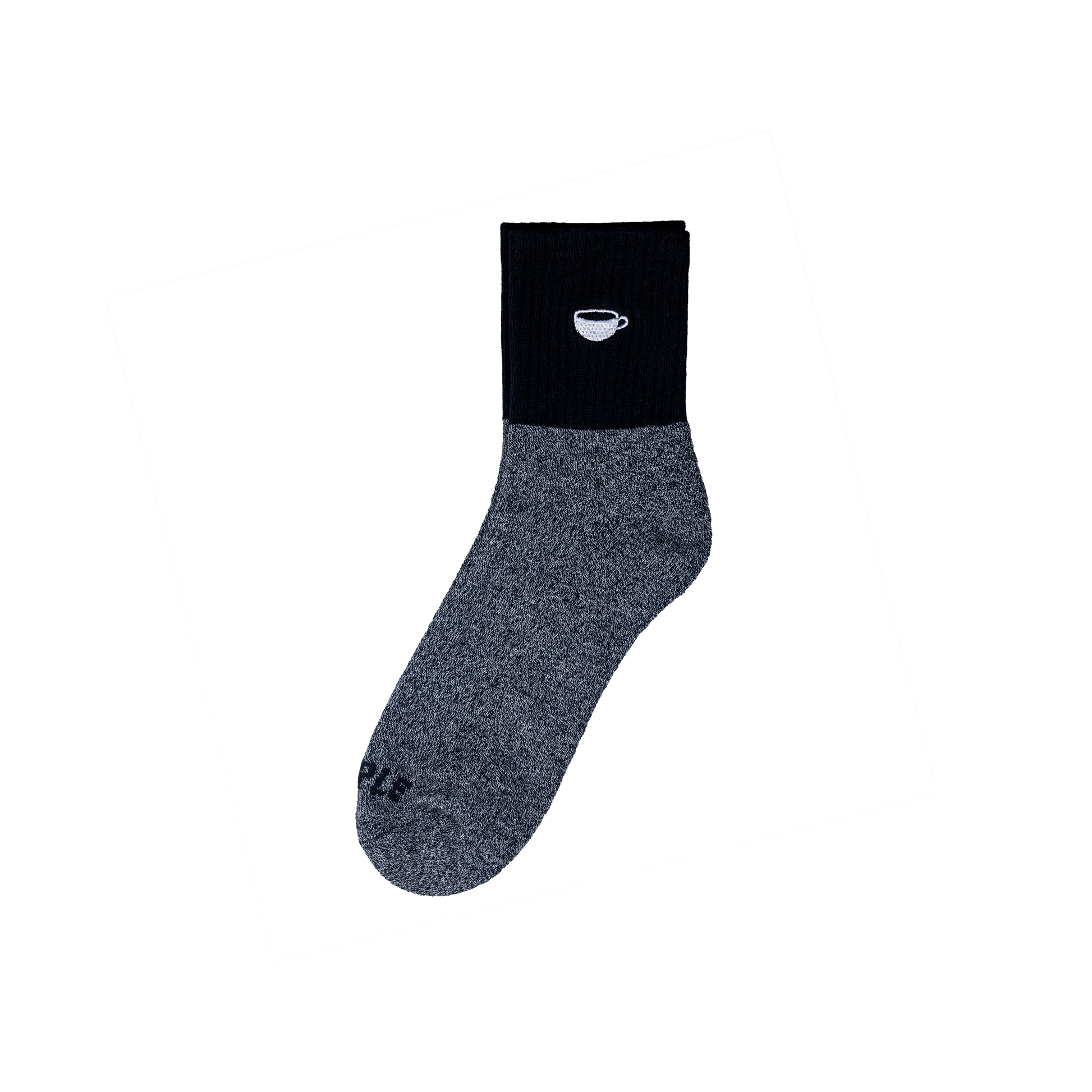 Two socks, half black and half gray with a logo, on a white background