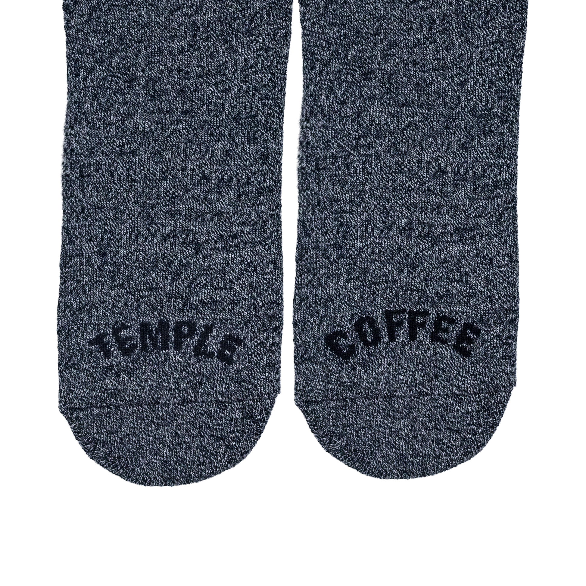 Dark gray socks with 'Temple Coffee' text on a white background