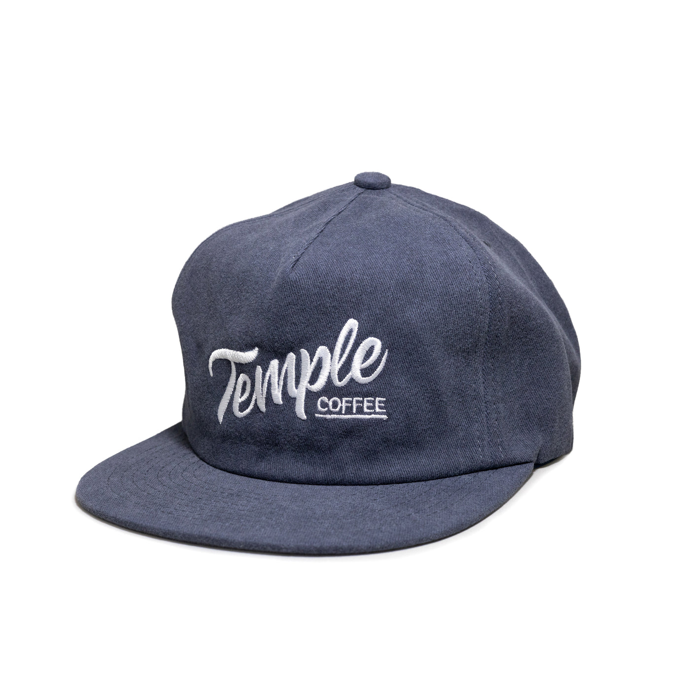 Blue baseball cap with "Temple Coffee" embroidered in white on the front.