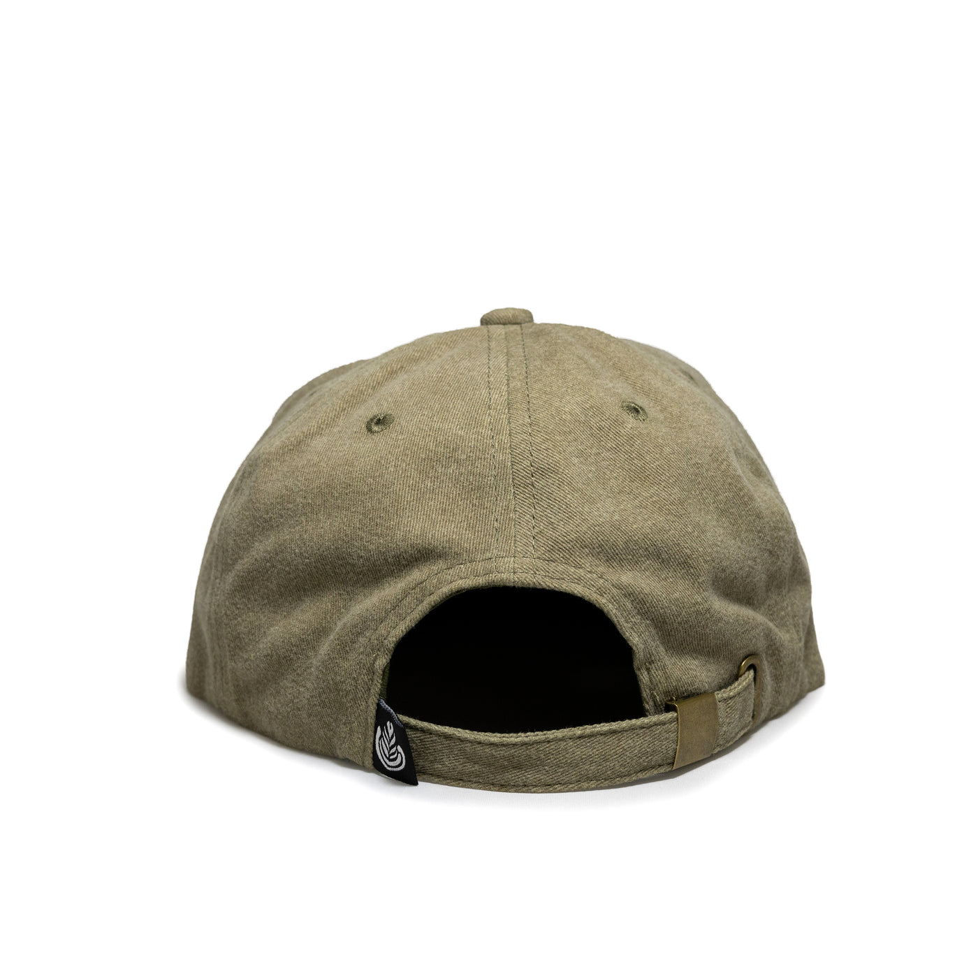 Back view of an olive green hat with an adjustable strap and a small tag featuring a rosetta logo.