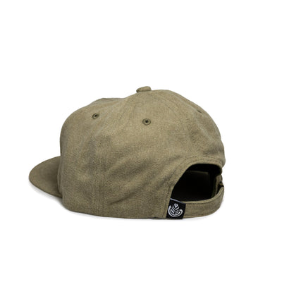 Back view of an olive green hat with an adjustable strap and a small tag featuring a rosetta logo.