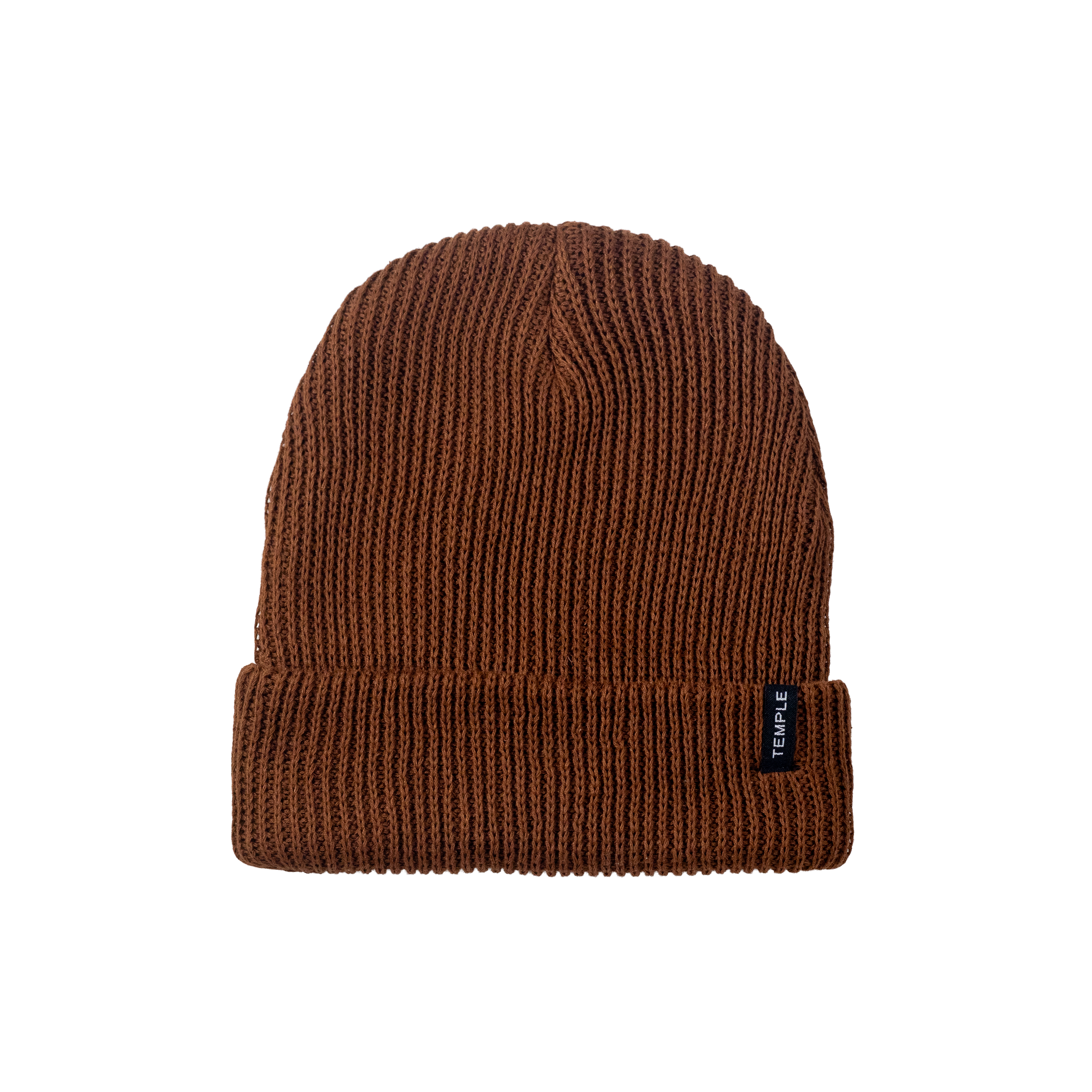 Brown knit beanie with a brand label on a white background