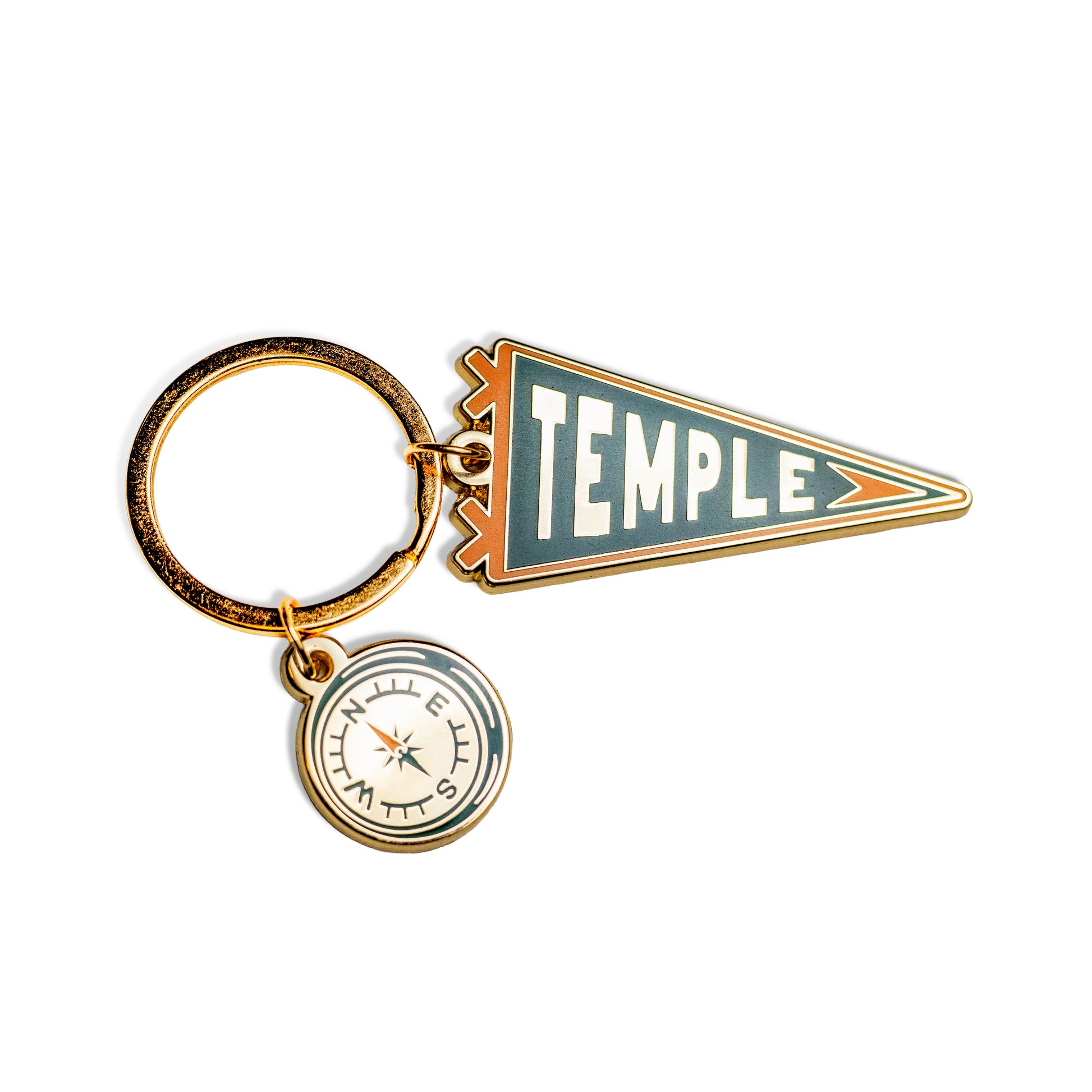 Keychain with 'Temple' pennant and compass charm on a white background