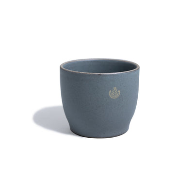 Blue porcelain mug with rosetta design.