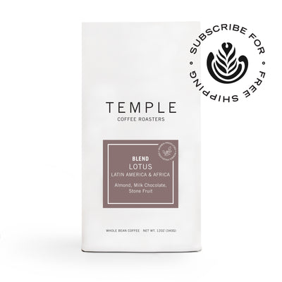 Bag of Lotus Blend Coffee with "Subscribe for Free Shipping" Emblem