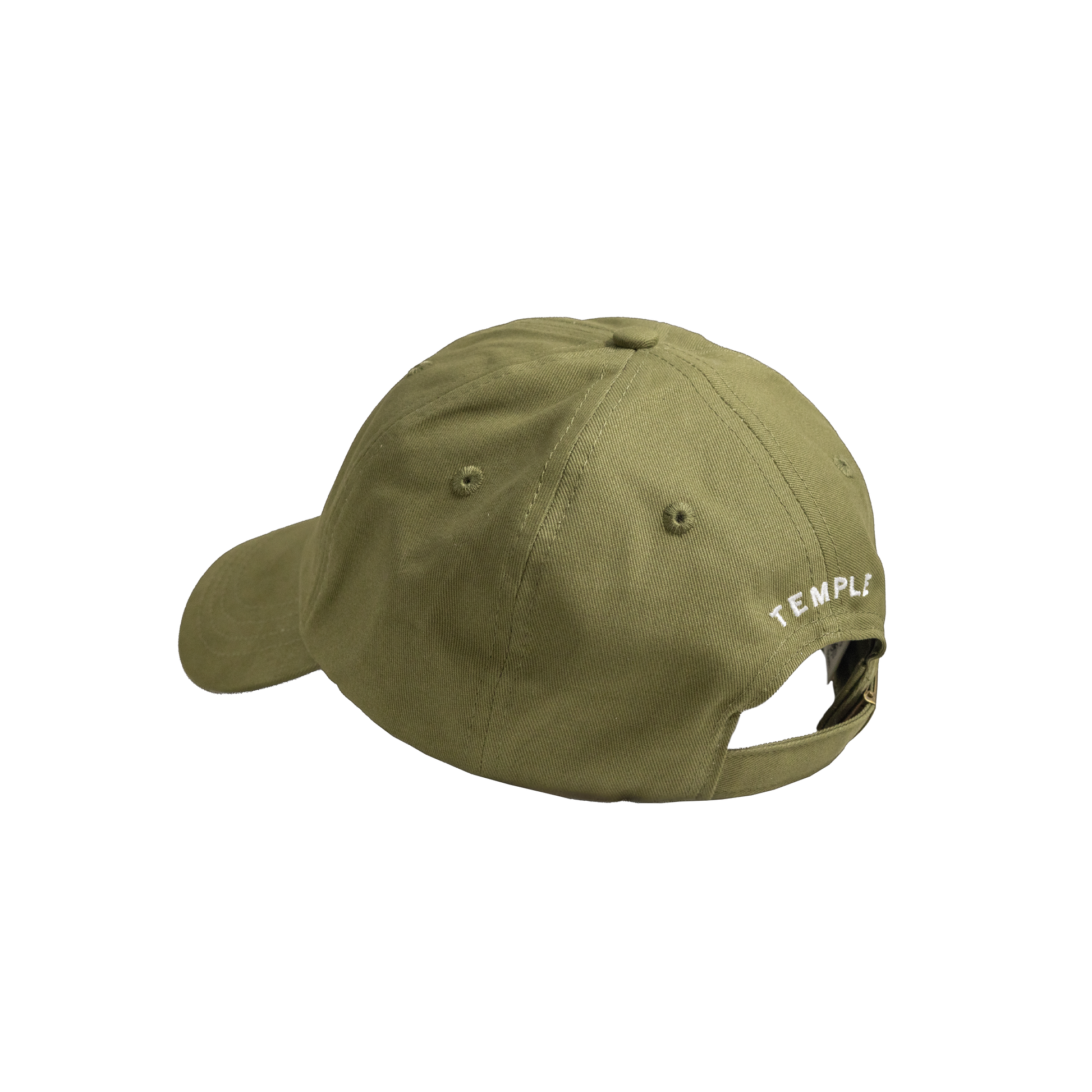 Green cap with 'Temple' branding on a white background