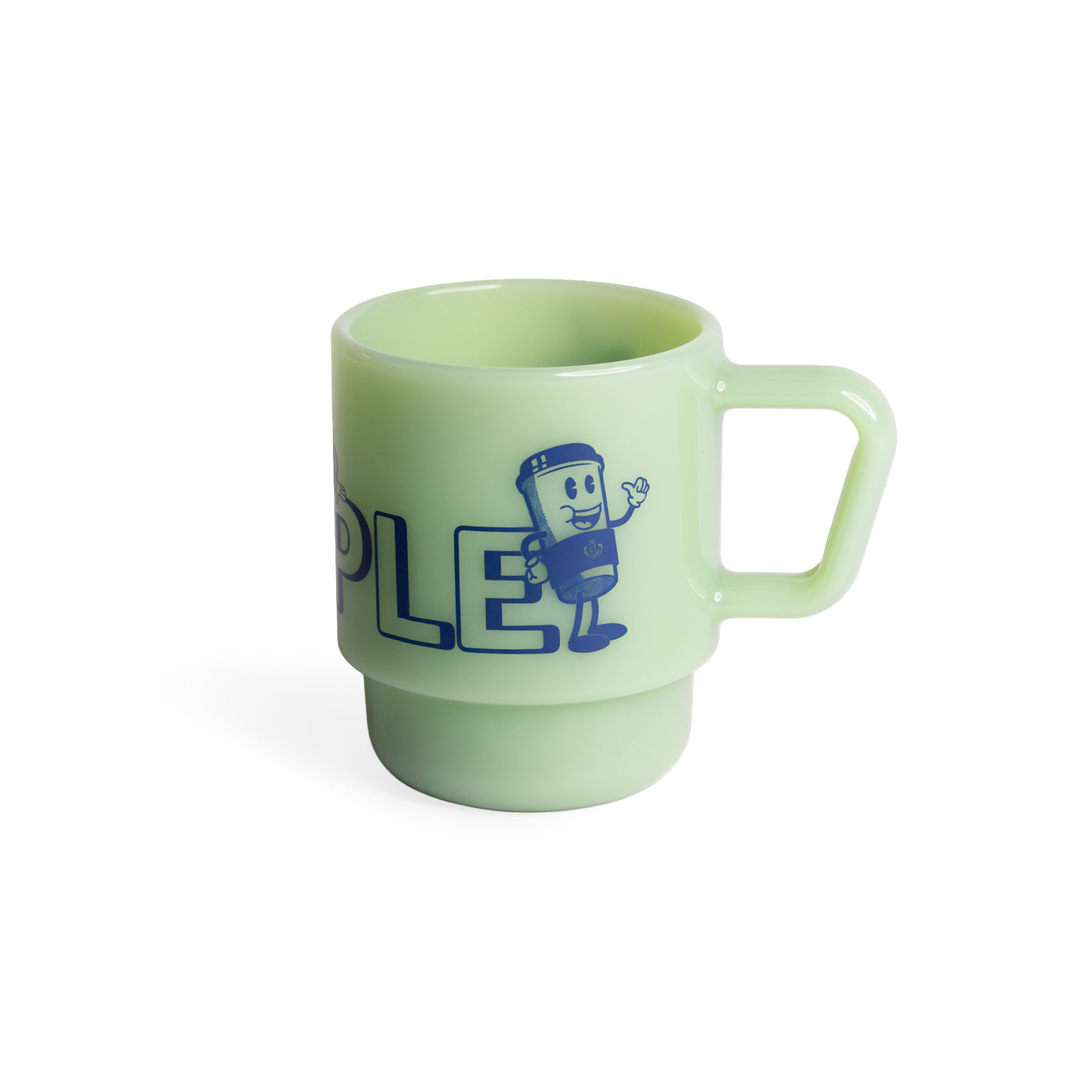 Green mug with blue character and text on a white background
