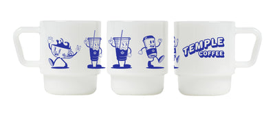 Four white mugs with blue graphics and 'Temple Coffee' text on a white background