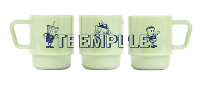Three light green mugs with blue graphics and text on a white background