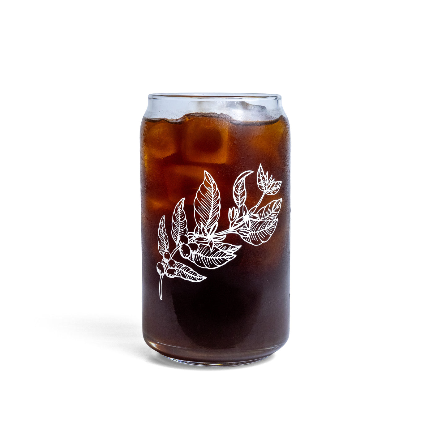Clear Glass Can with Coffee Plant Design filled with Cold Brew