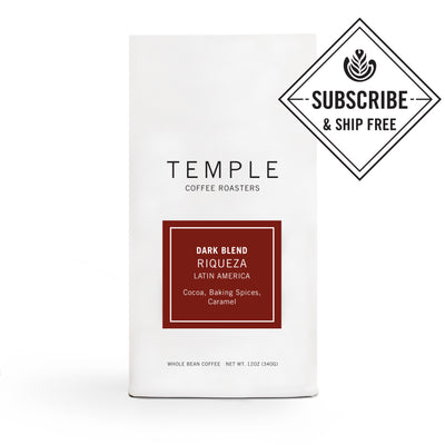 Bag of Riqueza Dark Blend coffee with Subscribe and Ship Free emblem