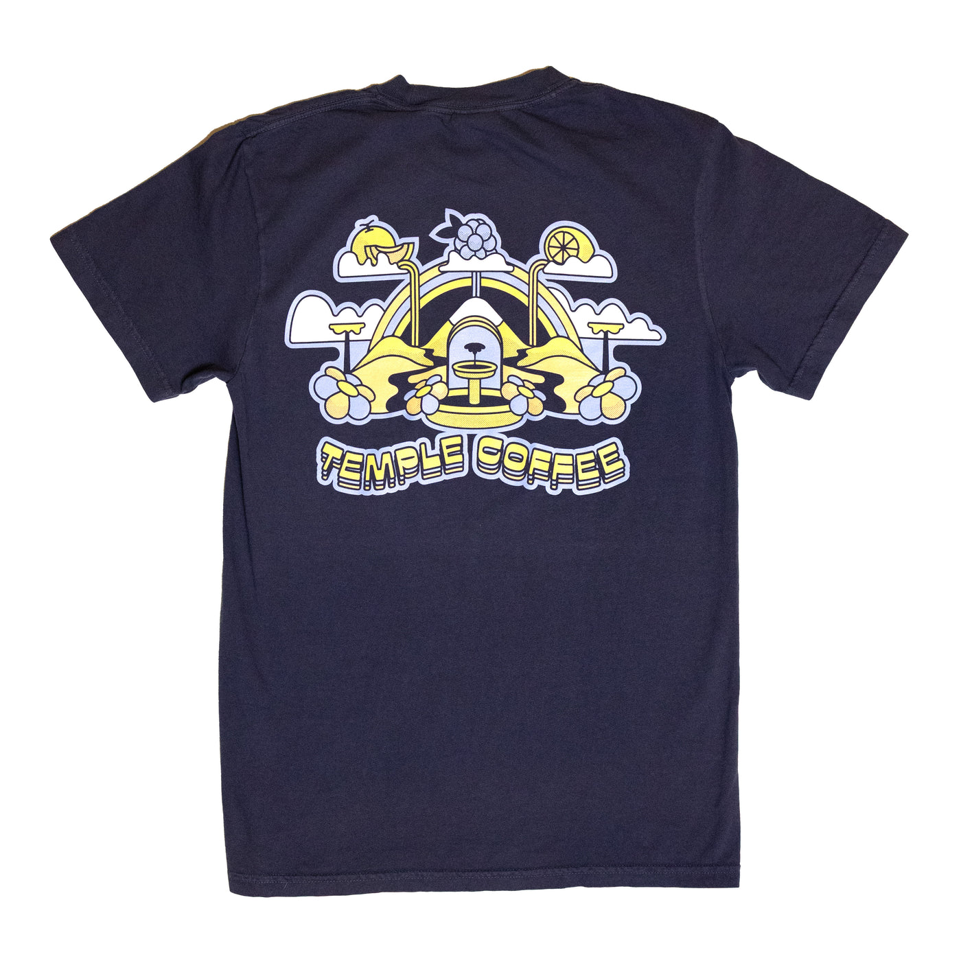 Navy blue t-shirt with a colorful graphic and 'Temple Coffee' text on the back against a white background