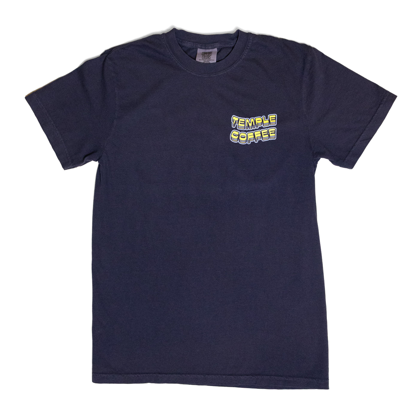 Navy blue t-shirt with 'Temple Coffee' logo on a white background