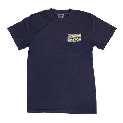 Navy blue t-shirt with 'Temple Coffee' logo on a white background